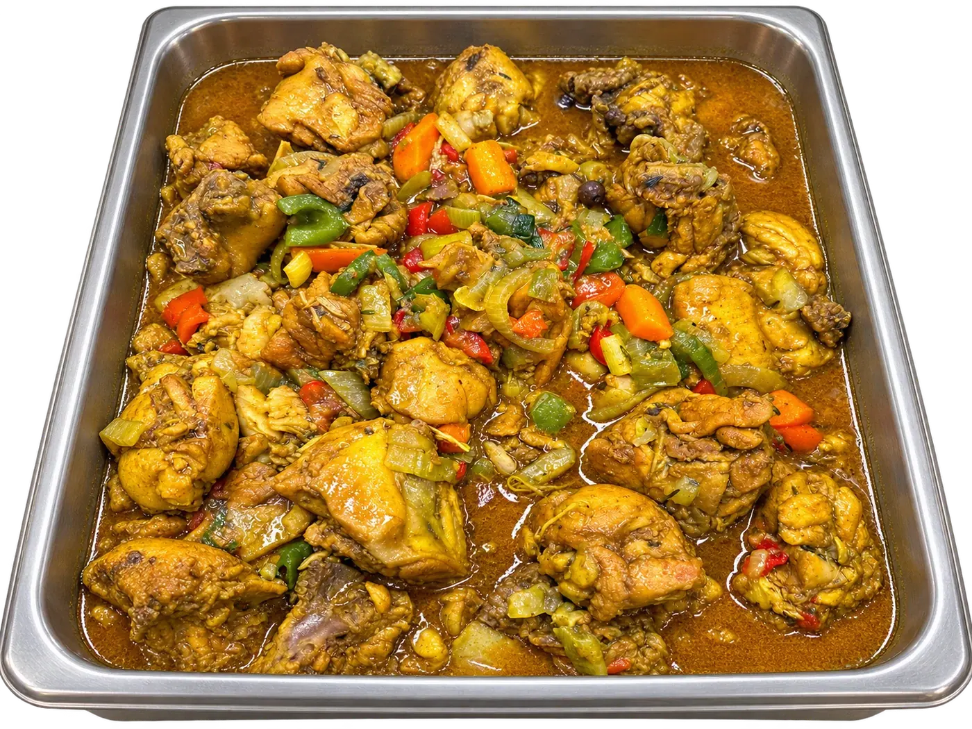 Curry chicken with vegetables in a catering pan