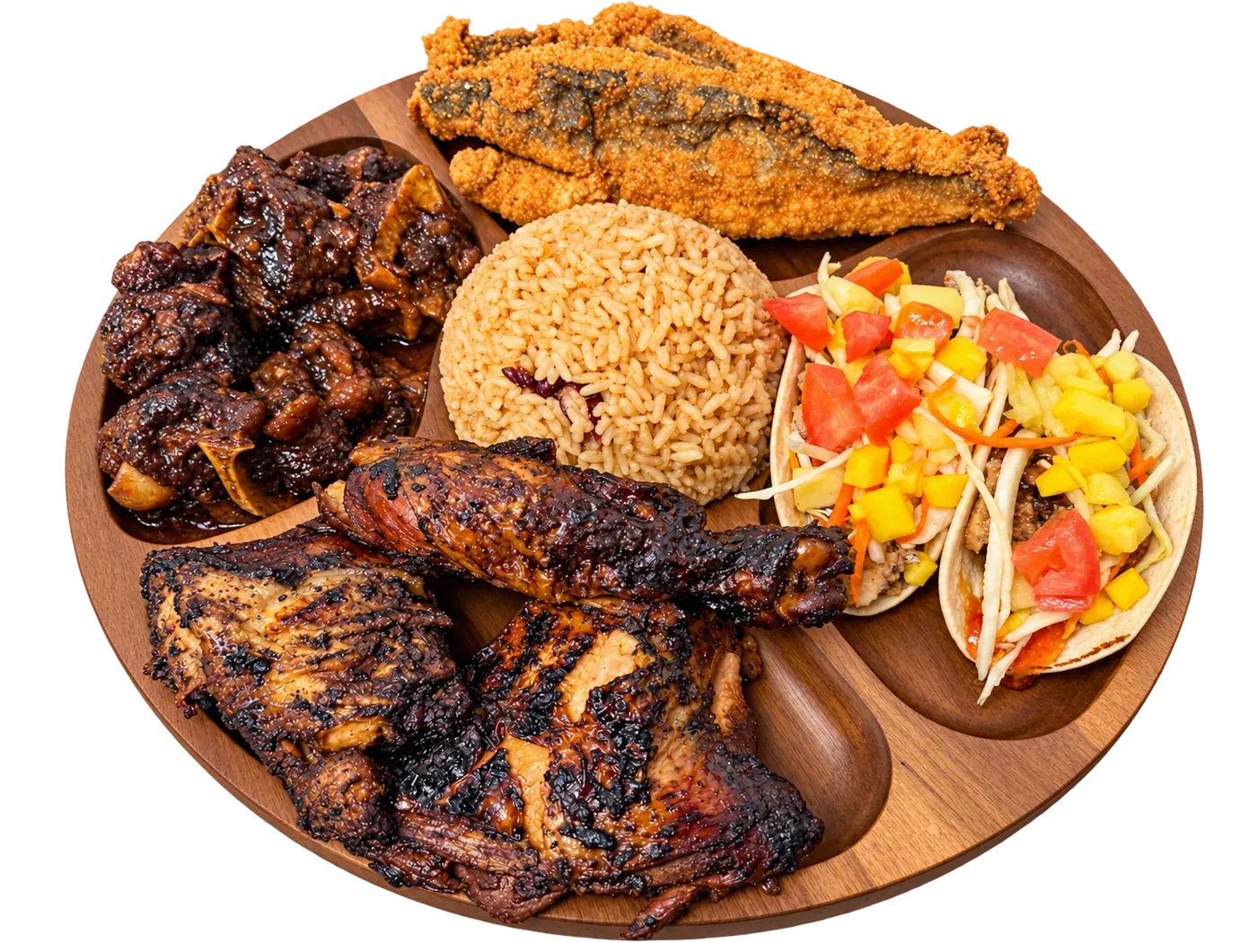 A selection of Fish N Tingz jerk chicken, oxtail, fried fish, rice and tacos on a wooden platter