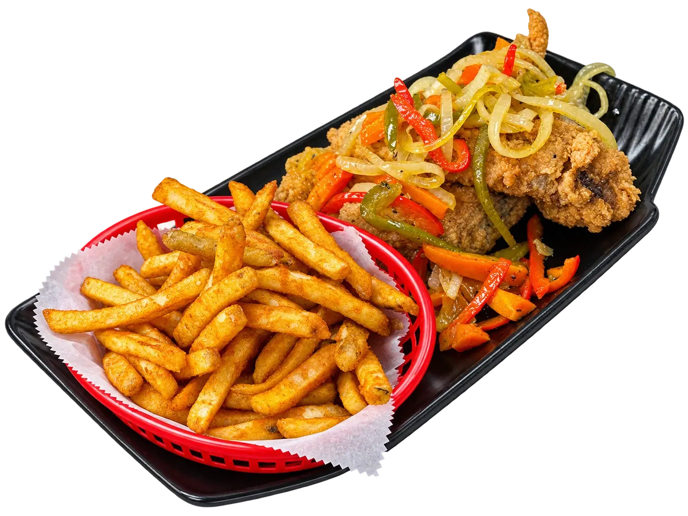 Fried whiting topped with escovitch vegetables, shown with fries