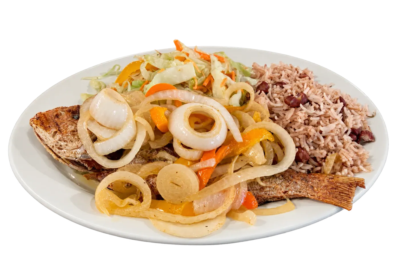 Fish N Tingz whole escovitch snapper, rice and peas, and steamed cabbage